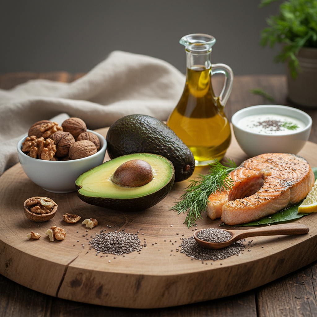 Foods rich in healthy fats including avocados, olive oil, walnuts, salmon and chia seeds displayed on a natural surface