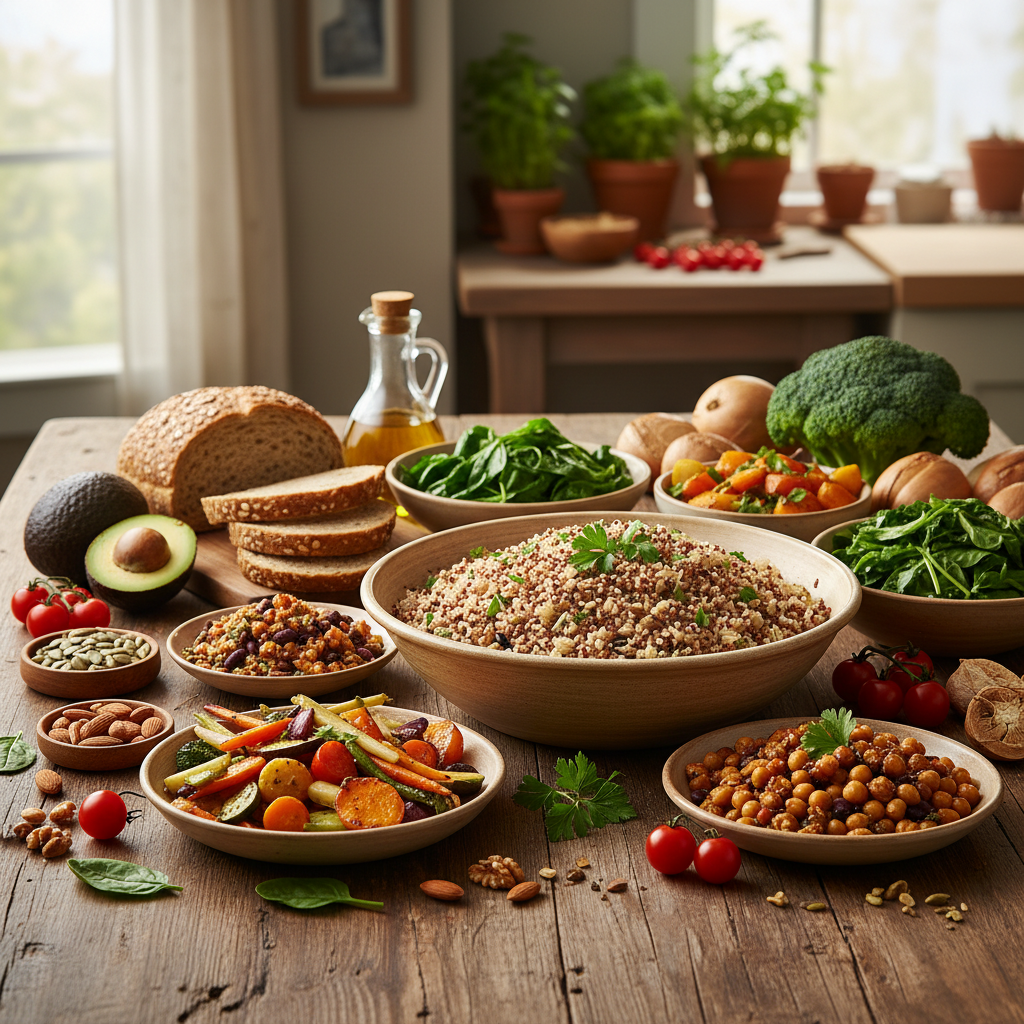 A variety of whole foods representing balanced macronutrients including grains, vegetables, and legumes