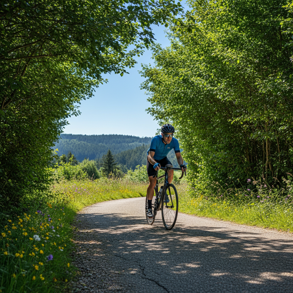 A person cycling on a scenic outdoor path surrounded by greenery on a clear day